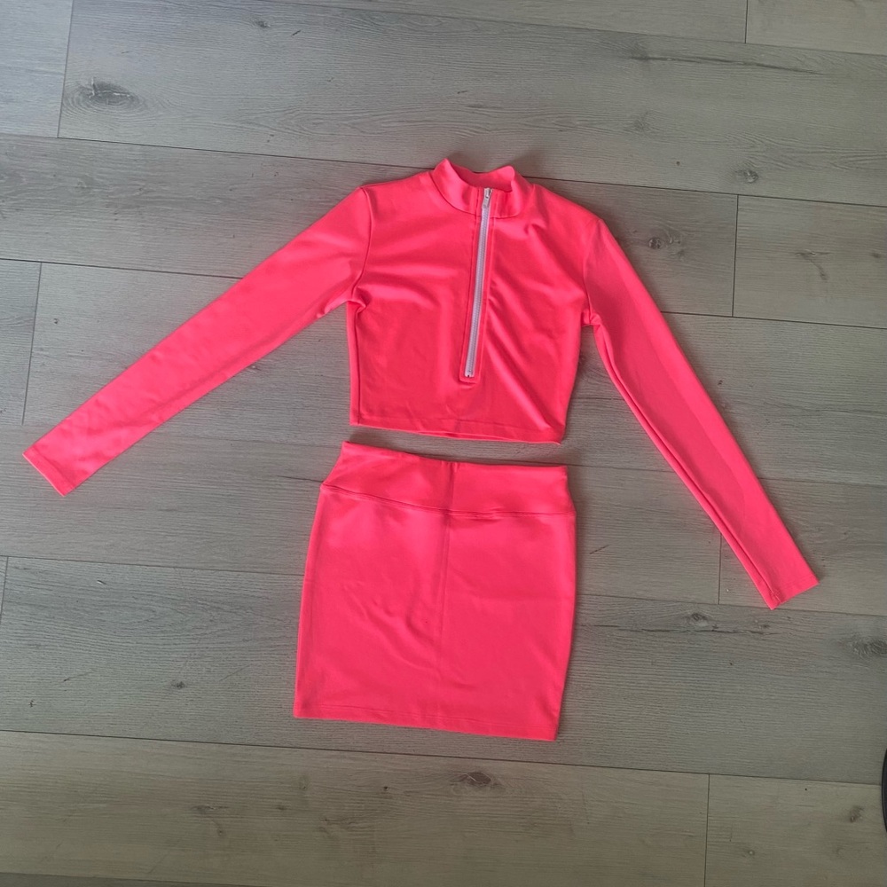 Piece Mini Skirt Set Women Bodycon Long Sleeve Crop Tank Top Sexy Fuchsia